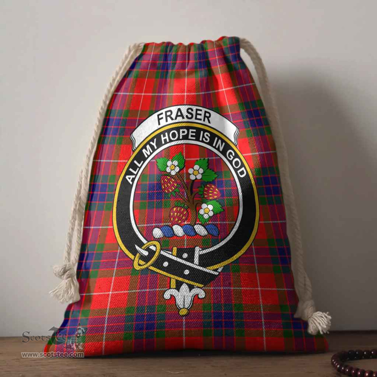ScotsTee Shop Scottish Fraser (of Lovat) Clan Crest Tartan Drawstring Bag Tartan Gift Bag