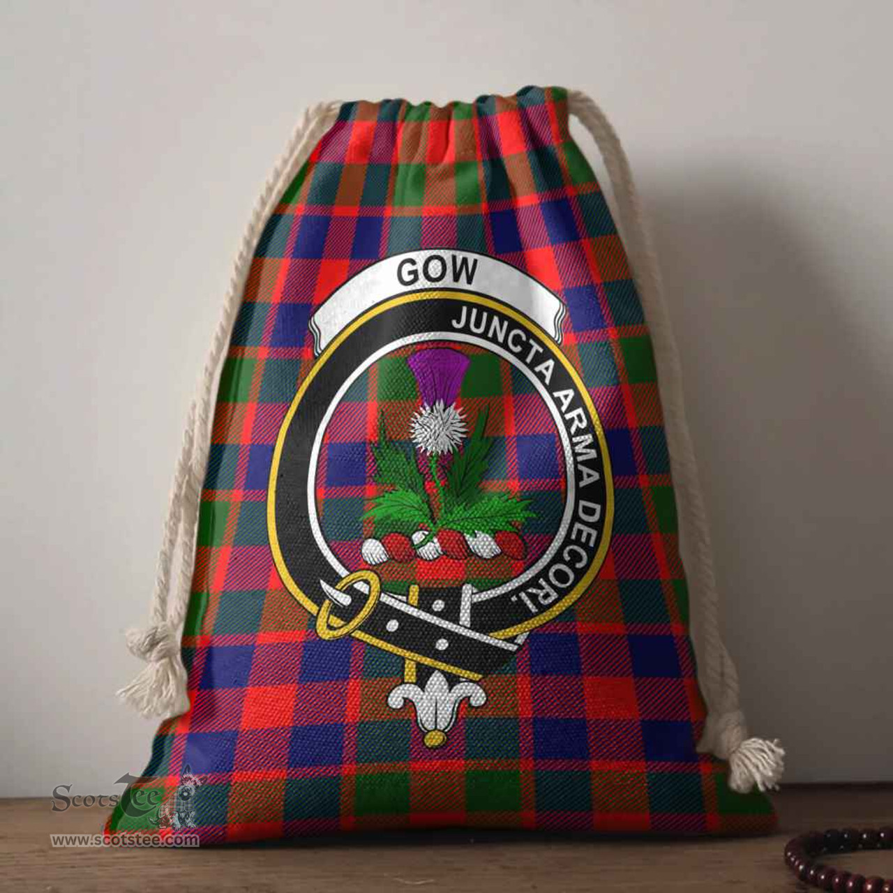ScotsTee Shop Scottish Gow (of Skeoch) Clan Crest Tartan Drawstring Bag Tartan Gift Bag