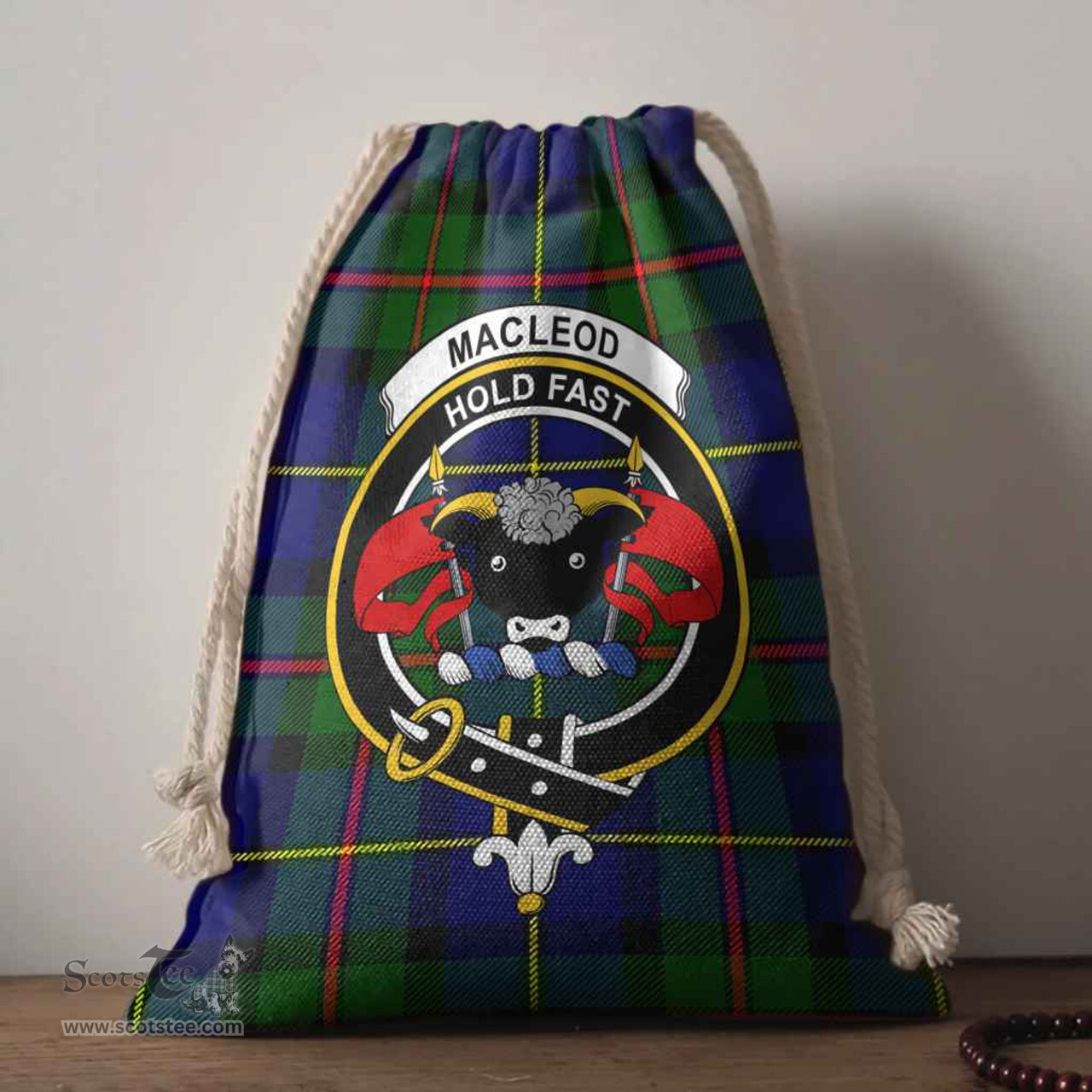 ScotsTee Shop Scottish MacLeod of Lewis Clan Crest Tartan Drawstring Bag Tartan Gift Bag