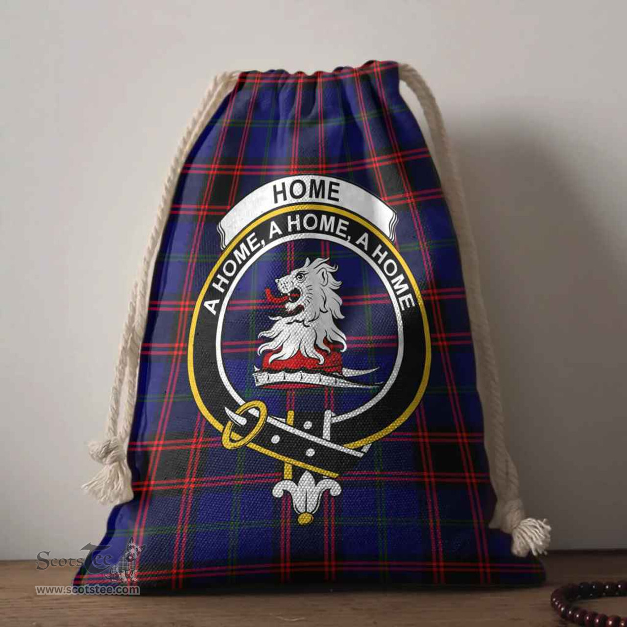 ScotsTee Shop Scottish Home (or Hume) Clan Crest Tartan Drawstring Bag Tartan Gift Bag