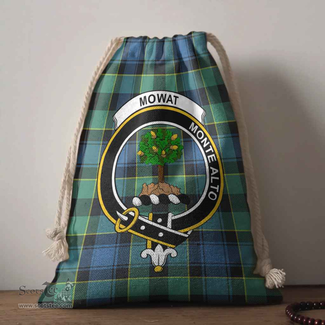 ScotsTee Shop Scottish Mowat (of Inglistoun) Clan Crest Tartan Drawstring Bag Tartan Gift Bag