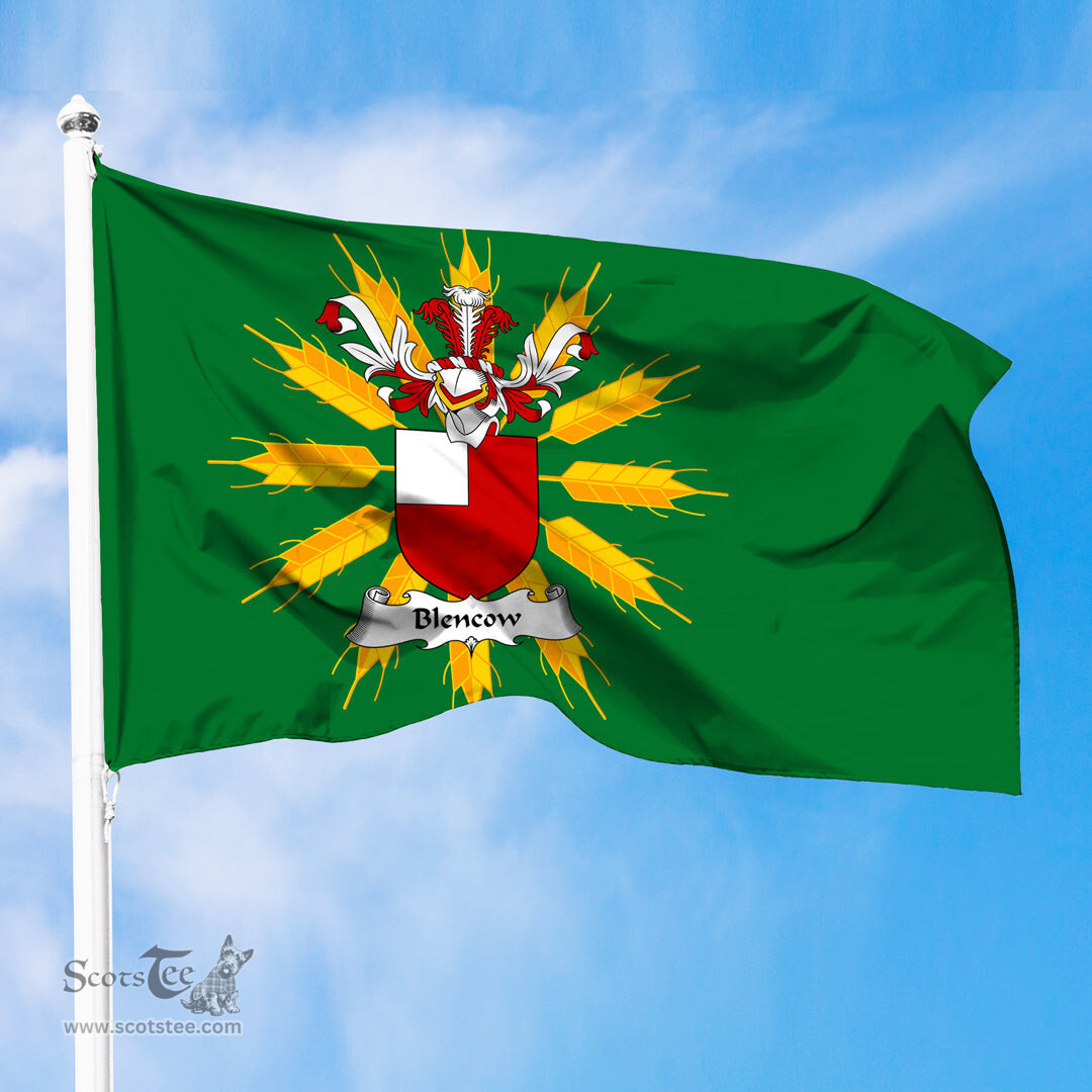 ScotsTee Shop Scottish Blencow or Blencowe Coat of Arms in Flag of Tiree Scotland Green and Gold Land of Barley Flag