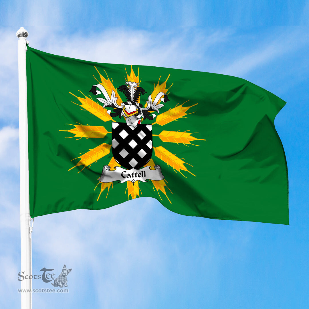 ScotsTee Shop Scottish Cattell Coat of Arms in Flag of Tiree Scotland Green and Gold Land of Barley Flag