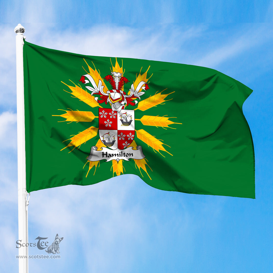 ScotsTee Shop Scottish Hamilton II Coat of Arms in Flag of Tiree Scotland Green and Gold Land of Barley Flag