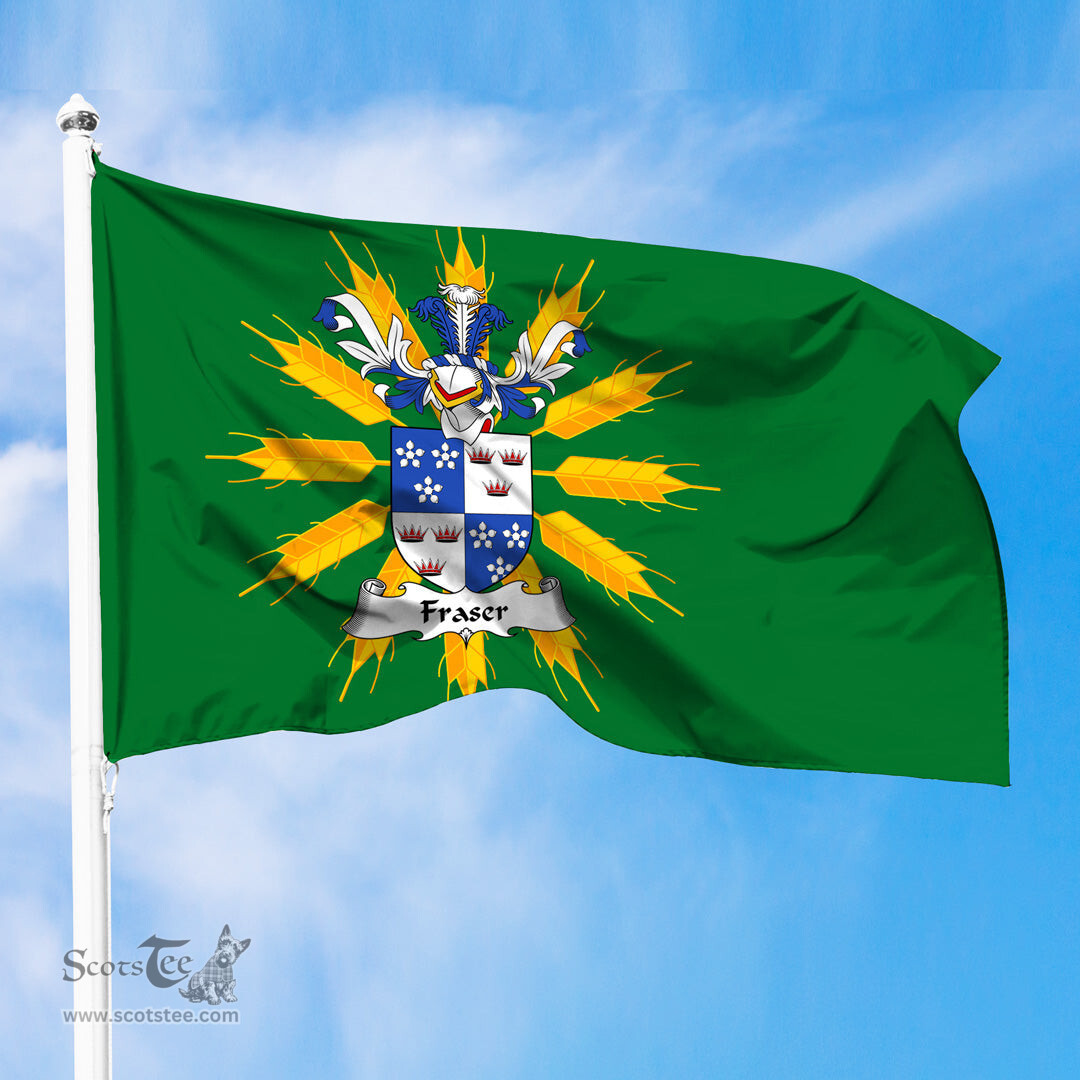 ScotsTee Shop Scottish Fraser _of Lovat Coat of Arms in Flag of Tiree Scotland Green and Gold Land of Barley Flag