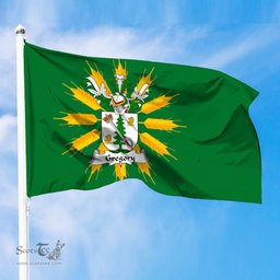 ScotsTee Shop Scottish Gregory Coat of Arms in Flag of Tiree Scotland Green and Gold Land of Barley Flag