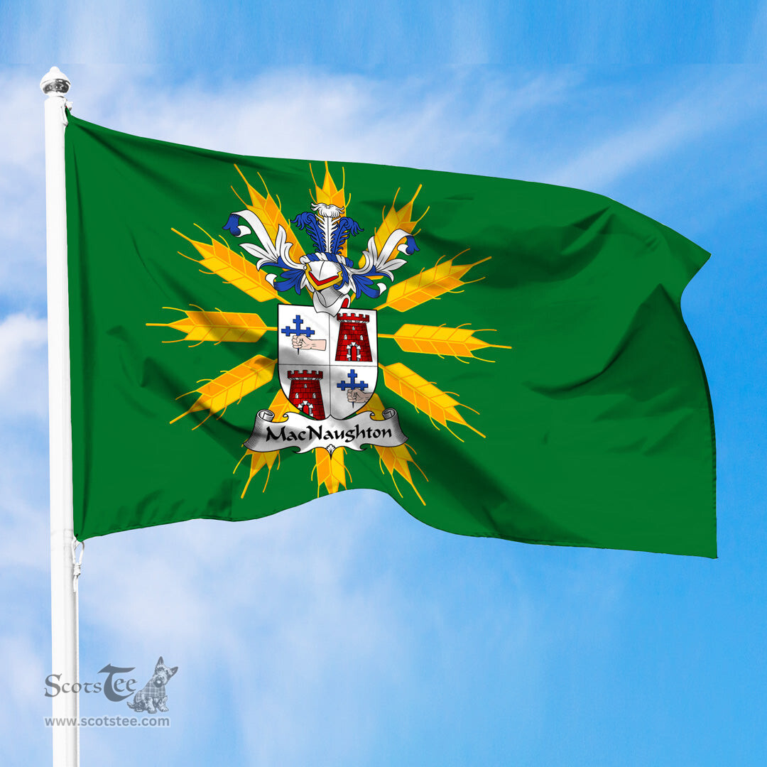 ScotsTee Shop Scottish MacNaughton or MacNaughten Coat of Arms in Flag of Tiree Scotland Green and Gold Land of Barley Flag