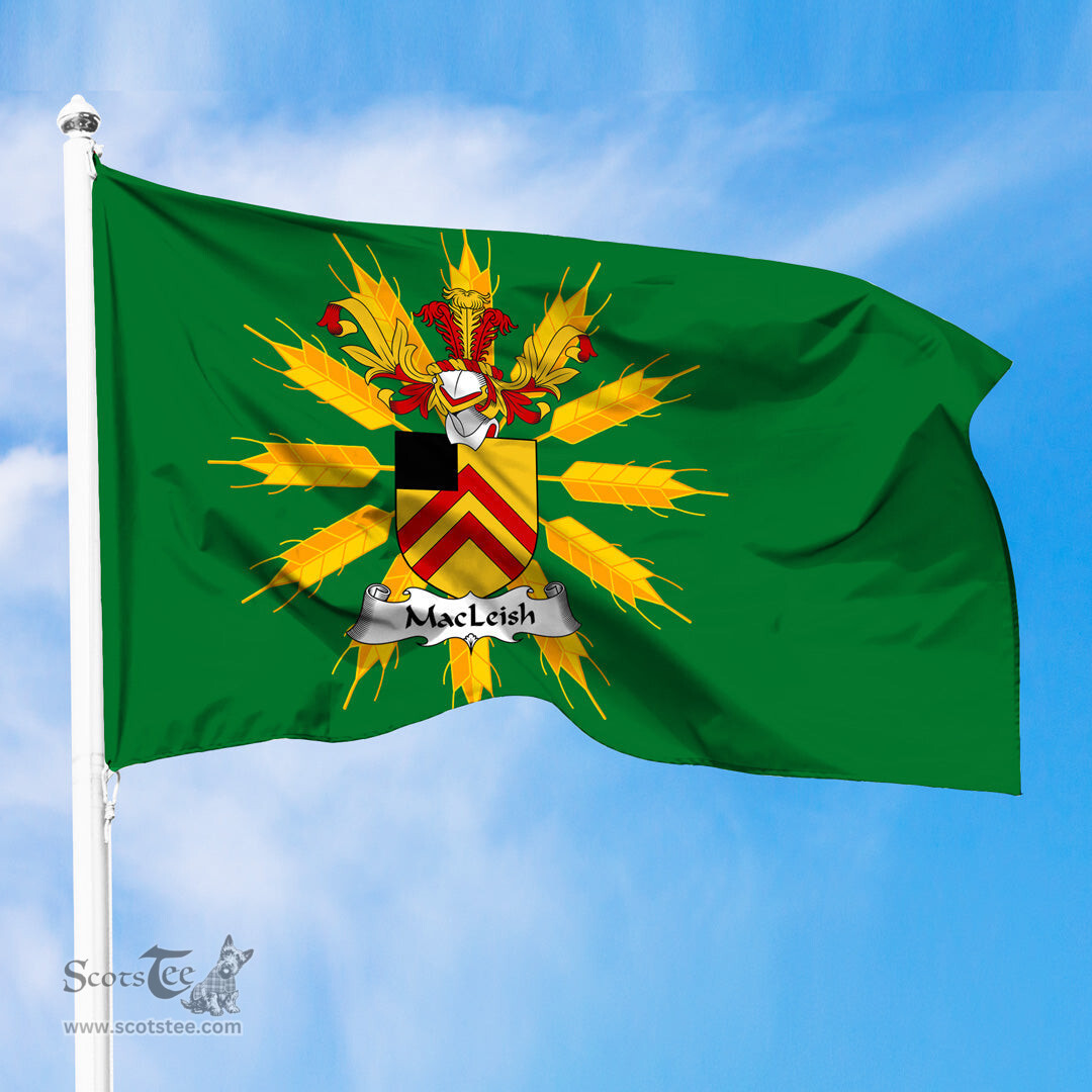ScotsTee Shop Scottish MacLeish Coat of Arms in Flag of Tiree Scotland Green and Gold Land of Barley Flag