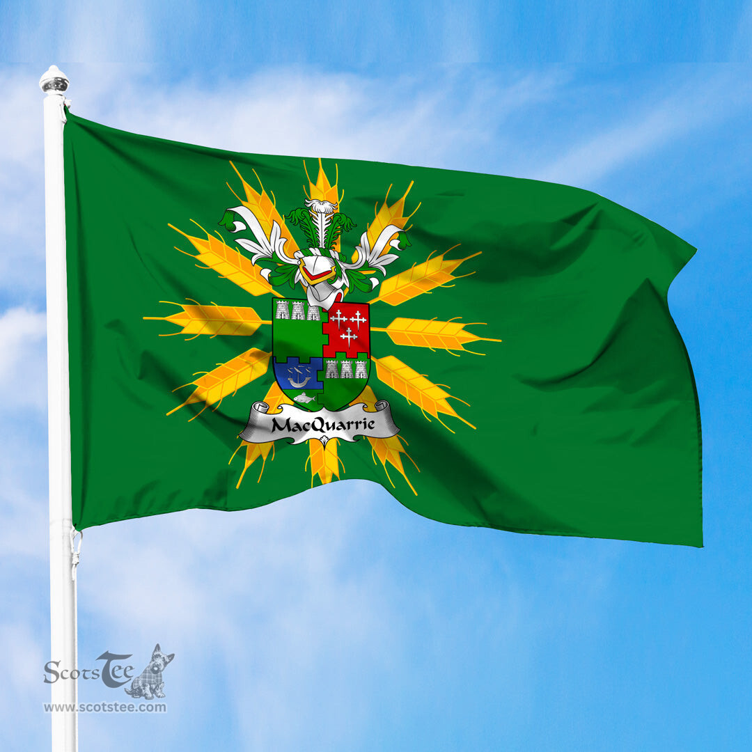ScotsTee Shop Scottish MacQuarrie or MacGuarie Coat of Arms in Flag of Tiree Scotland Green and Gold Land of Barley Flag
