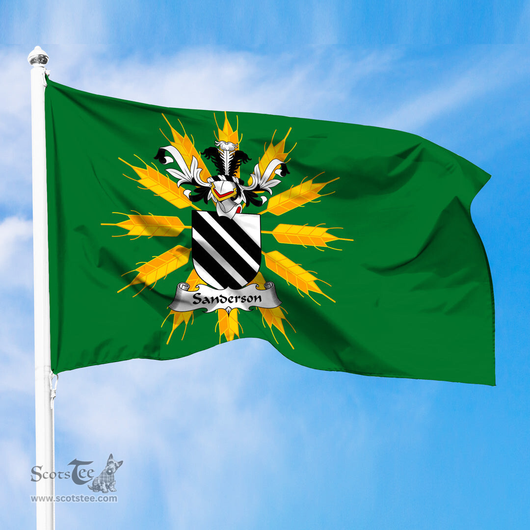 ScotsTee Shop Scottish Sanderson Coat of Arms in Flag of Tiree Scotland Green and Gold Land of Barley Flag