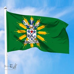 ScotsTee Shop Scottish MacGuffock or MacGavock Coat of Arms in Flag of Tiree Scotland Green and Gold Land of Barley Flag