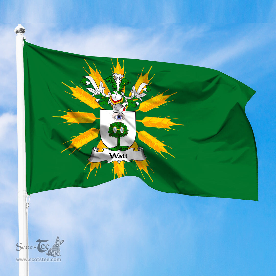 ScotsTee Shop Scottish Watt Wate Coat of Arms in Flag of Tiree Scotland Green and Gold Land of Barley Flag