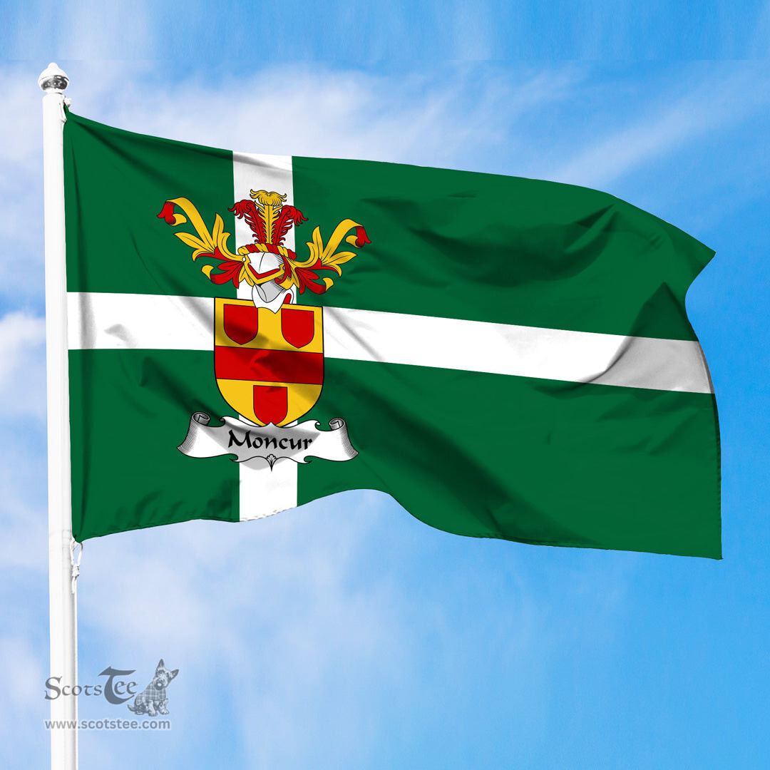 ScotsTee Shop Scottish Moncur Coat of Arms in Isle of Barra Flag