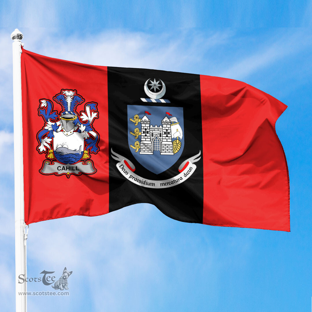 ScotsTee Shop Irish Cahill or O Cahill Coat of Arms on Drogheda Flag Ireland