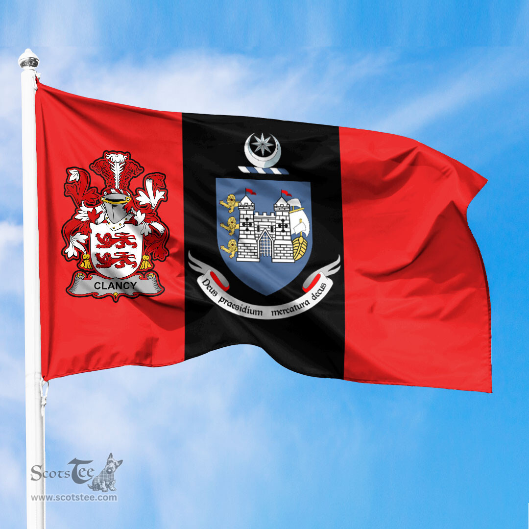 ScotsTee Shop Irish Clancy or McClancy Coat of Arms on Drogheda Flag Ireland