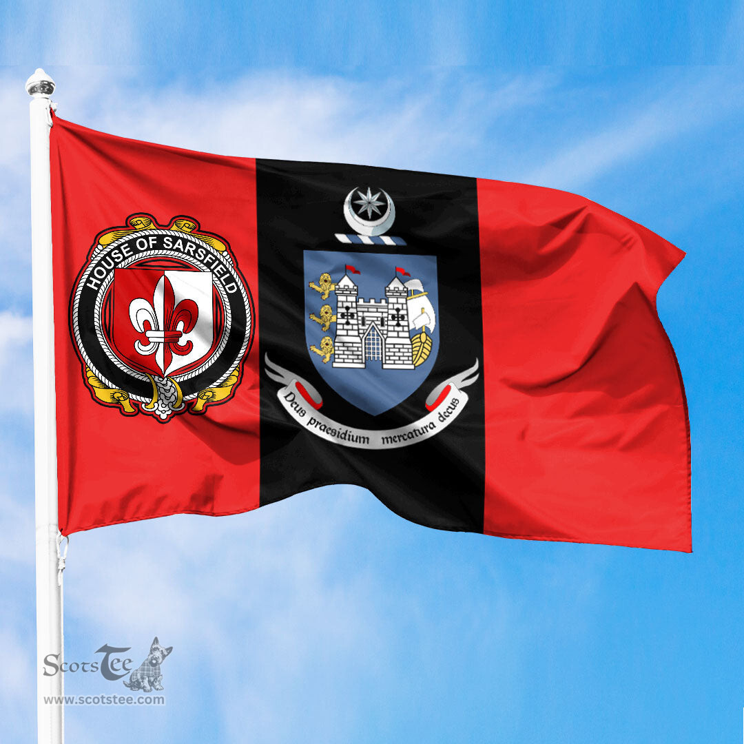 ScotsTee Shop Irish House of SARSFIELD Coat of Arms on Drogheda Flag Ireland