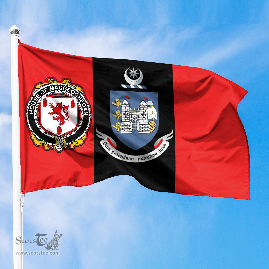 ScotsTee Shop Irish House of MACGEOGHEGAN Coat of Arms on Drogheda Flag Ireland