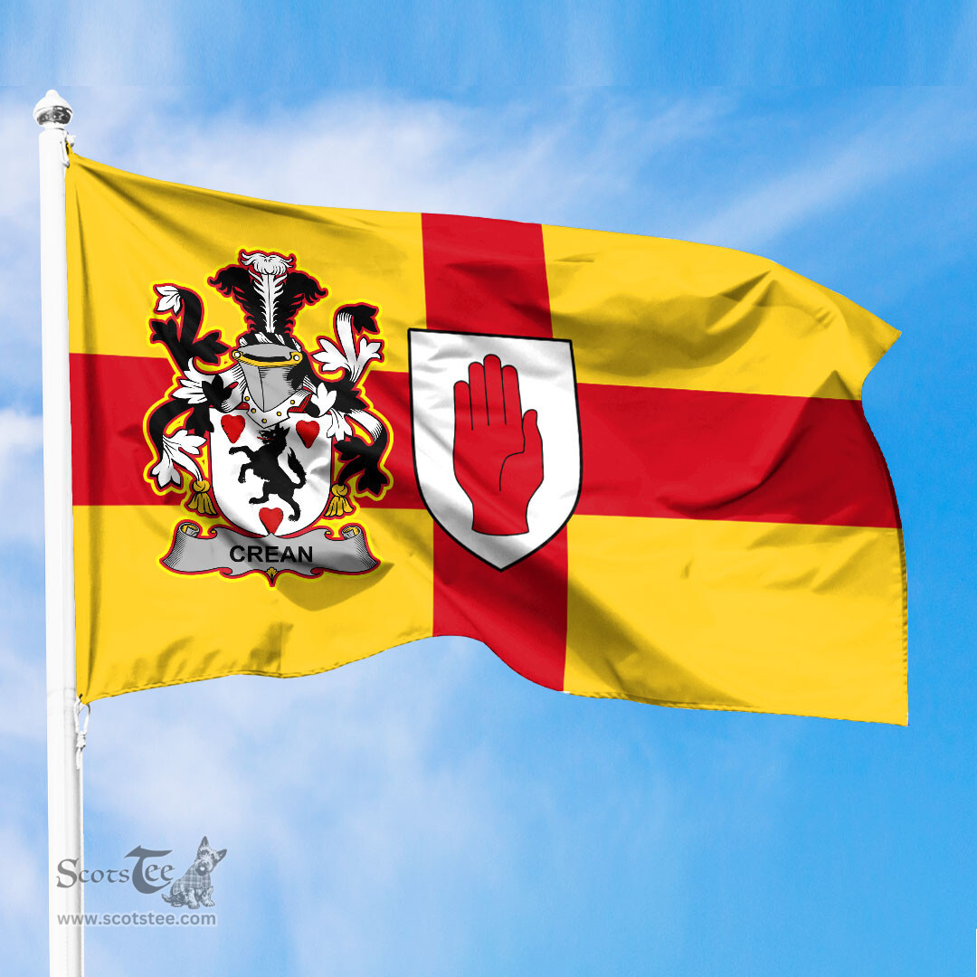 ScotsTee Shop Irish Crean or O Crean Coat of Arms on Flag of Ulster Ireland