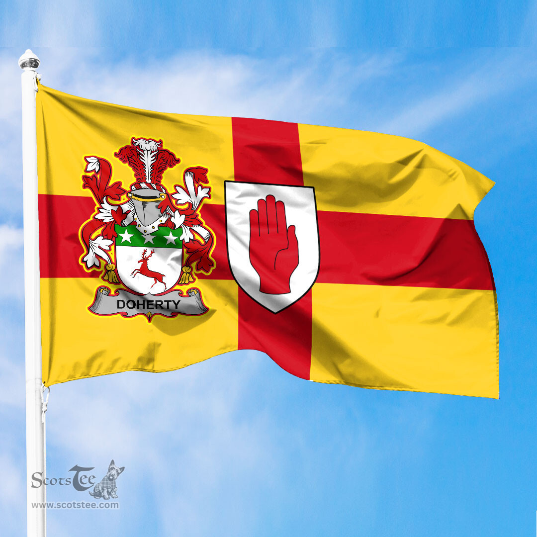 ScotsTee Shop Irish Doherty or O Doherty Coat of Arms on Flag of Ulster Ireland