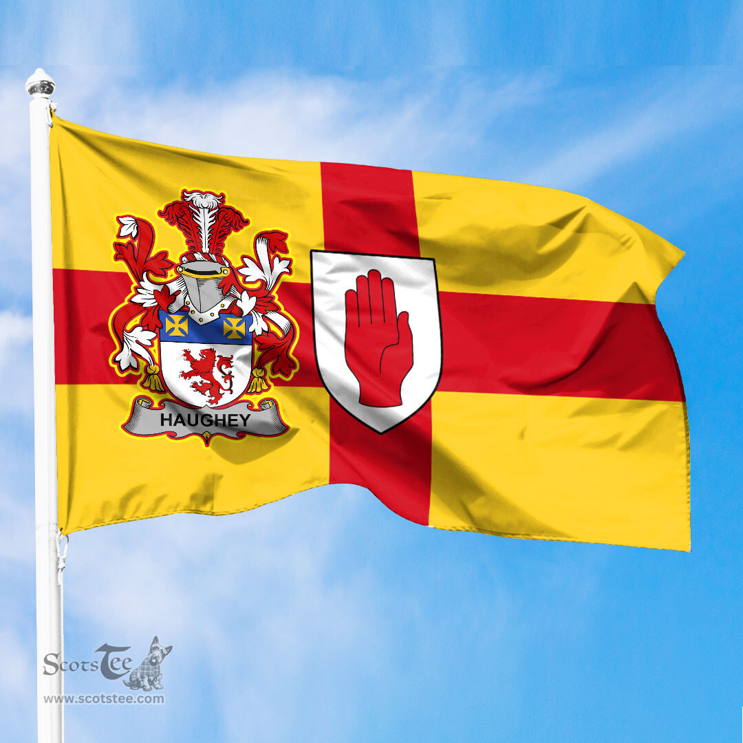 ScotsTee Shop Irish Haugher or O Haffey Coat of Arms on Flag of Ulster Ireland