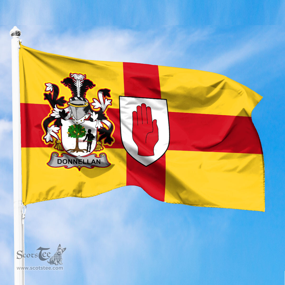 ScotsTee Shop Irish Donnellan or O Donnellan Coat of Arms on Flag of Ulster Ireland