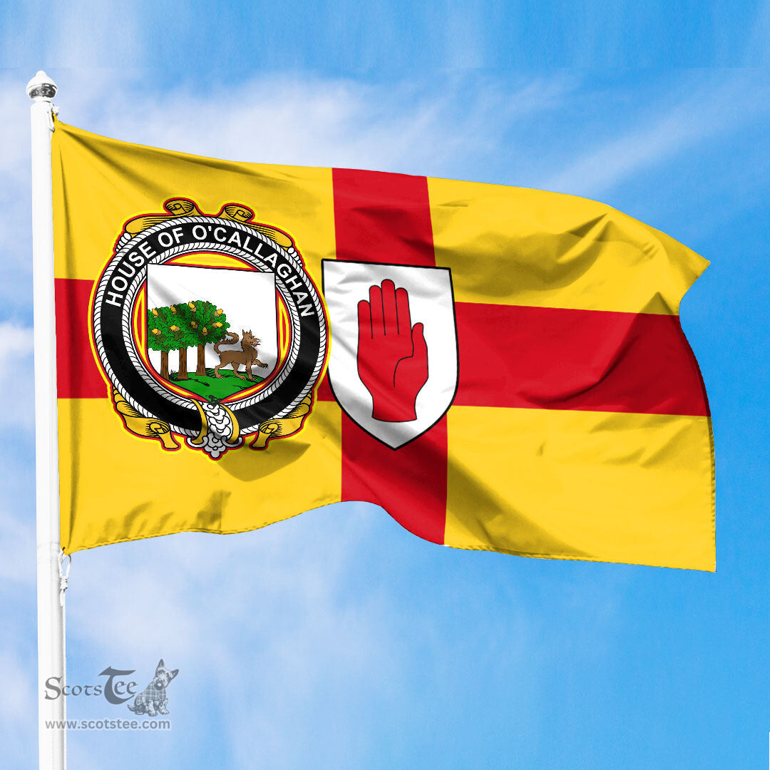 ScotsTee Shop Irish House of O CALLAGHAN Coat of Arms on Flag of Ulster Ireland