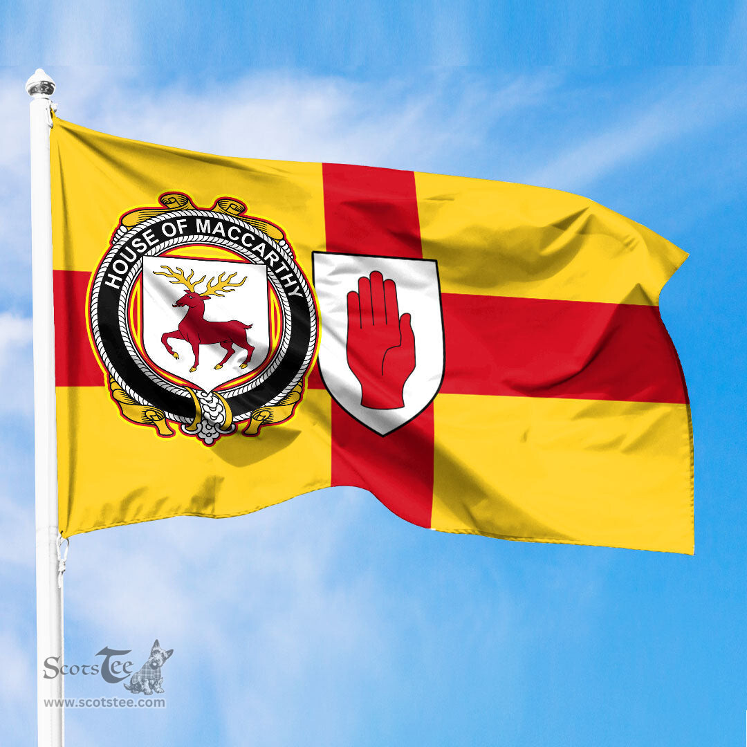 ScotsTee Shop Irish House of MACCARTHY Coat of Arms on Flag of Ulster Ireland