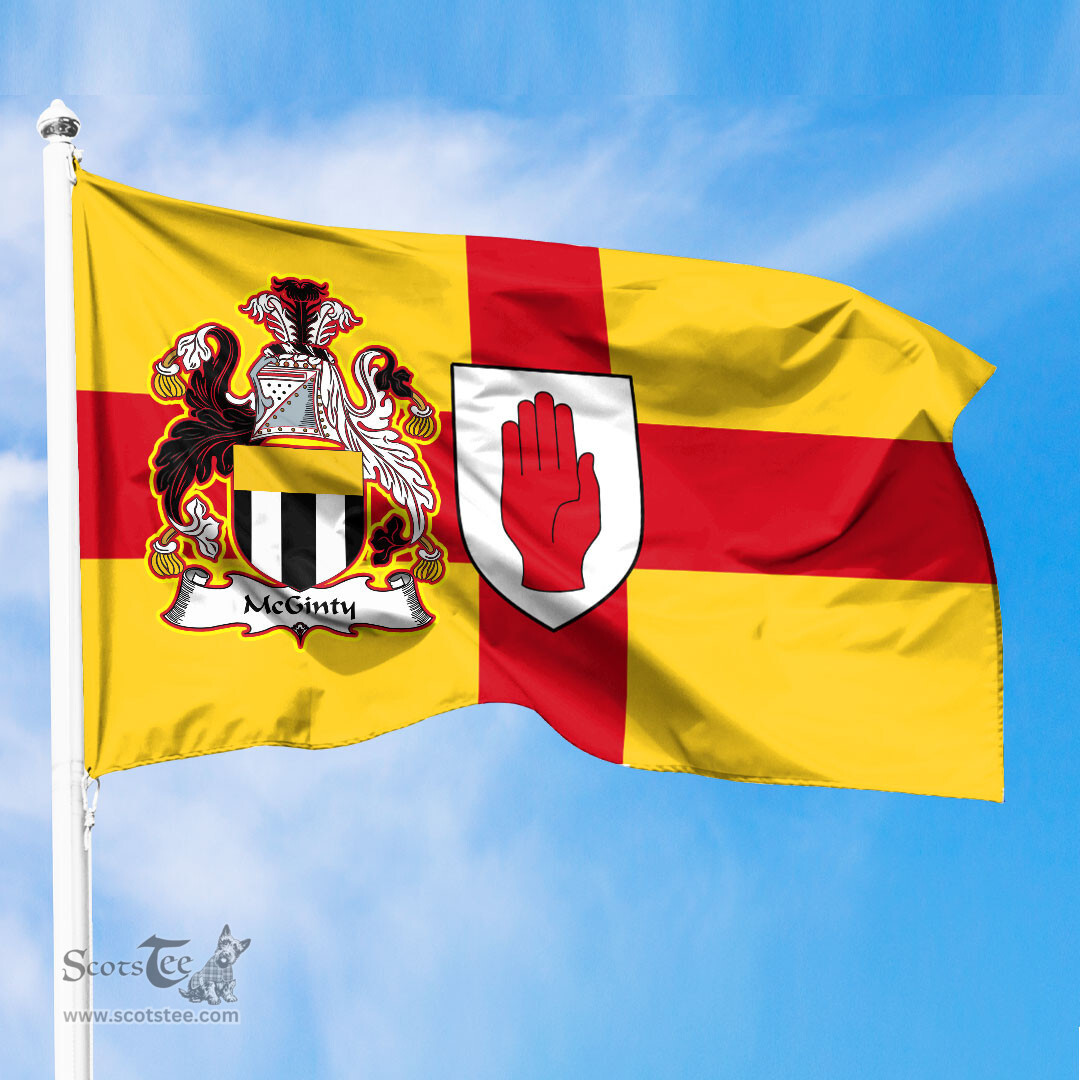 ScotsTee Shop Irish McGinty Coat of Arms on Flag of Ulster Ireland