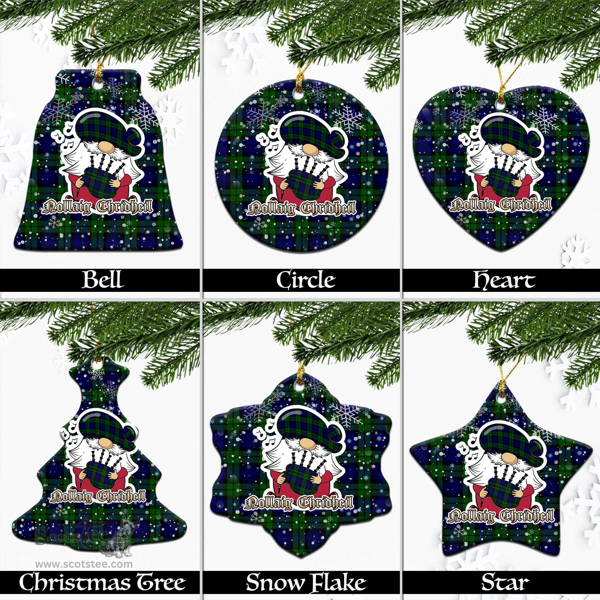 Scottish Bannatyne Tartan Christmas Ornaments with Scottish Gnome Playing Bagpipes Scottish Plaid Tartan Plaid - ScotsTee - scotstee.com