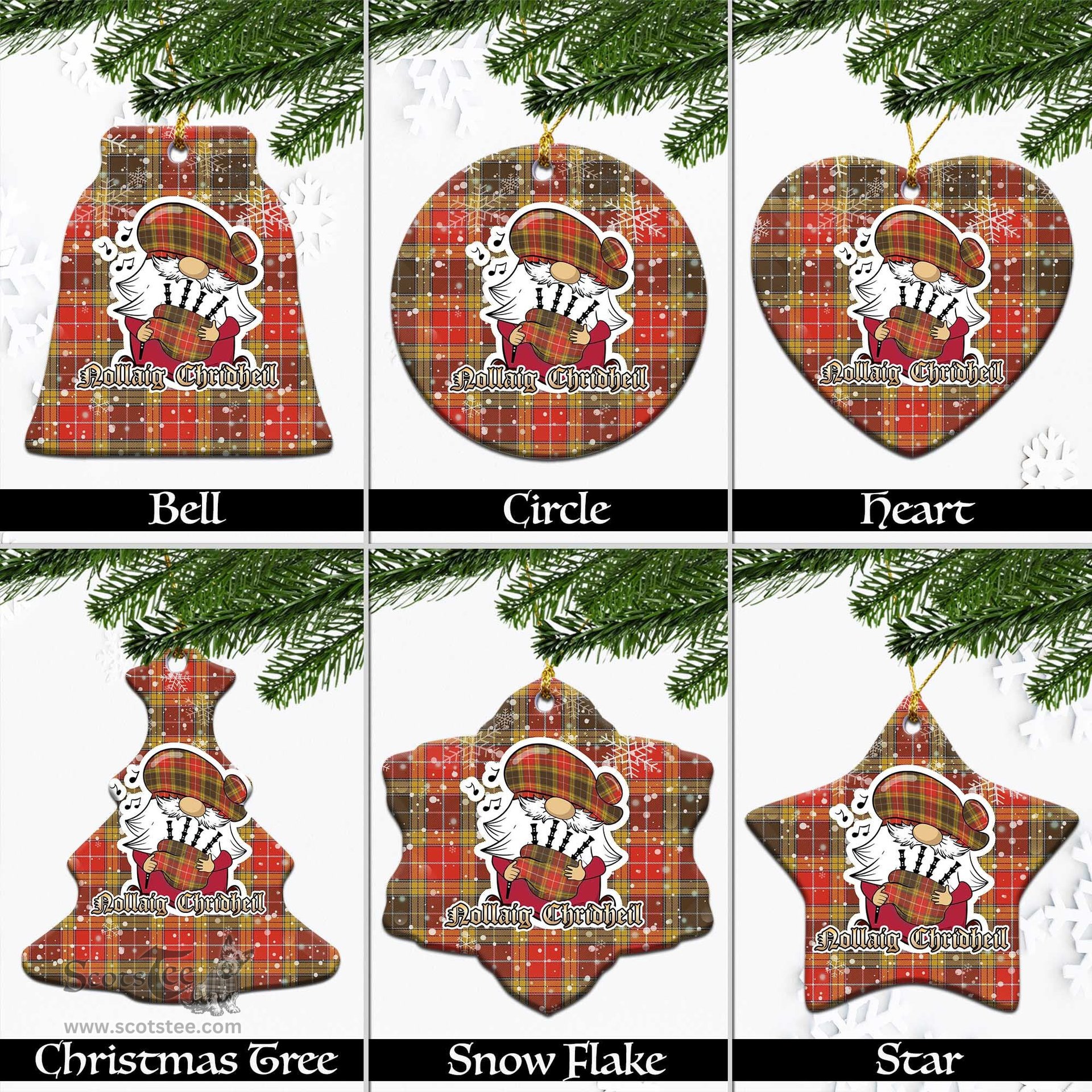 Scottish Buchanan Old Set Weathered Tartan Christmas Ornaments with Scottish Gnome Playing Bagpipes Scottish Plaid Tartan Plaid - ScotsTee - scotstee.com