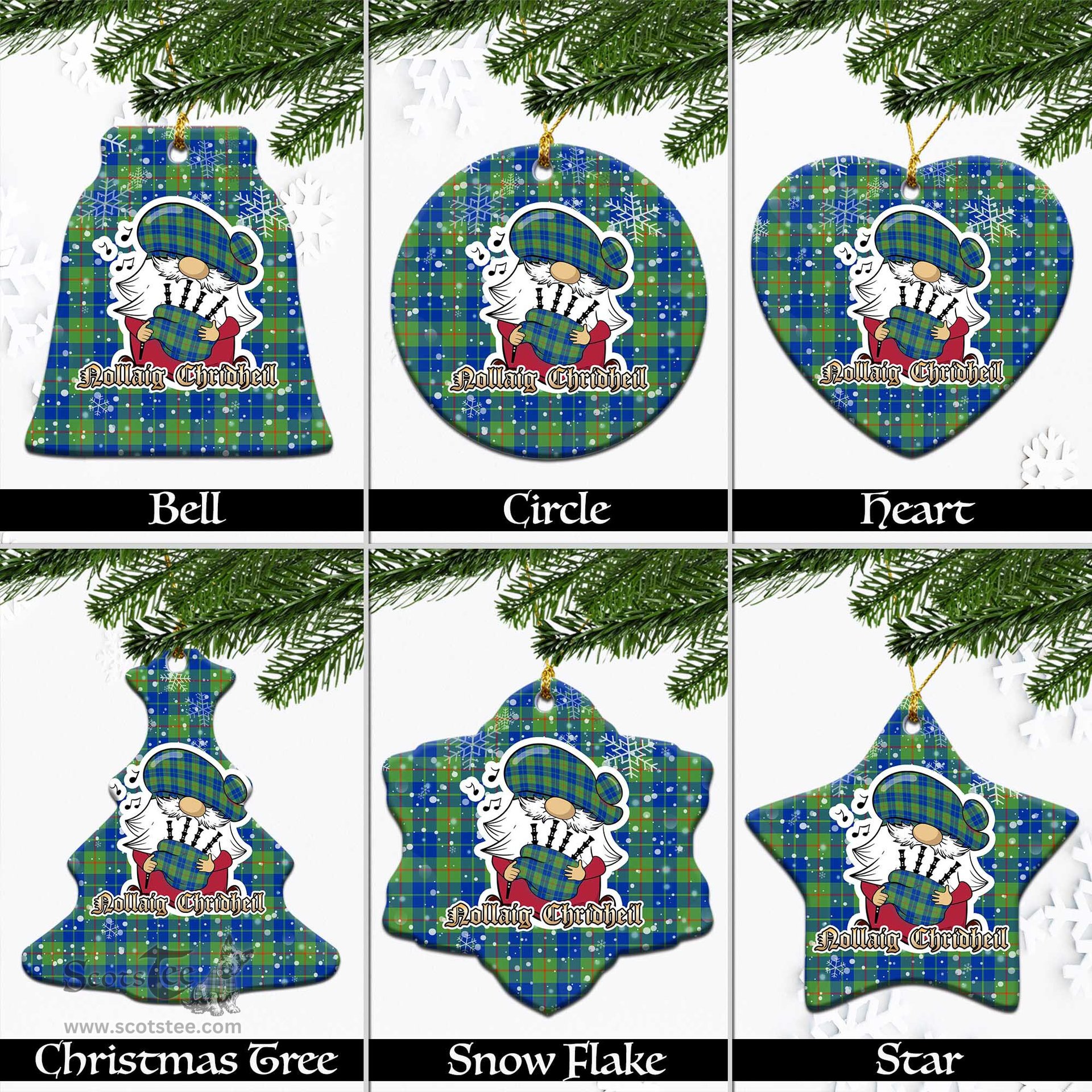 Scottish Barclay Hunting Ancient Tartan Christmas Ornaments with Scottish Gnome Playing Bagpipes Scottish Plaid Tartan Plaid - ScotsTee - scotstee.com