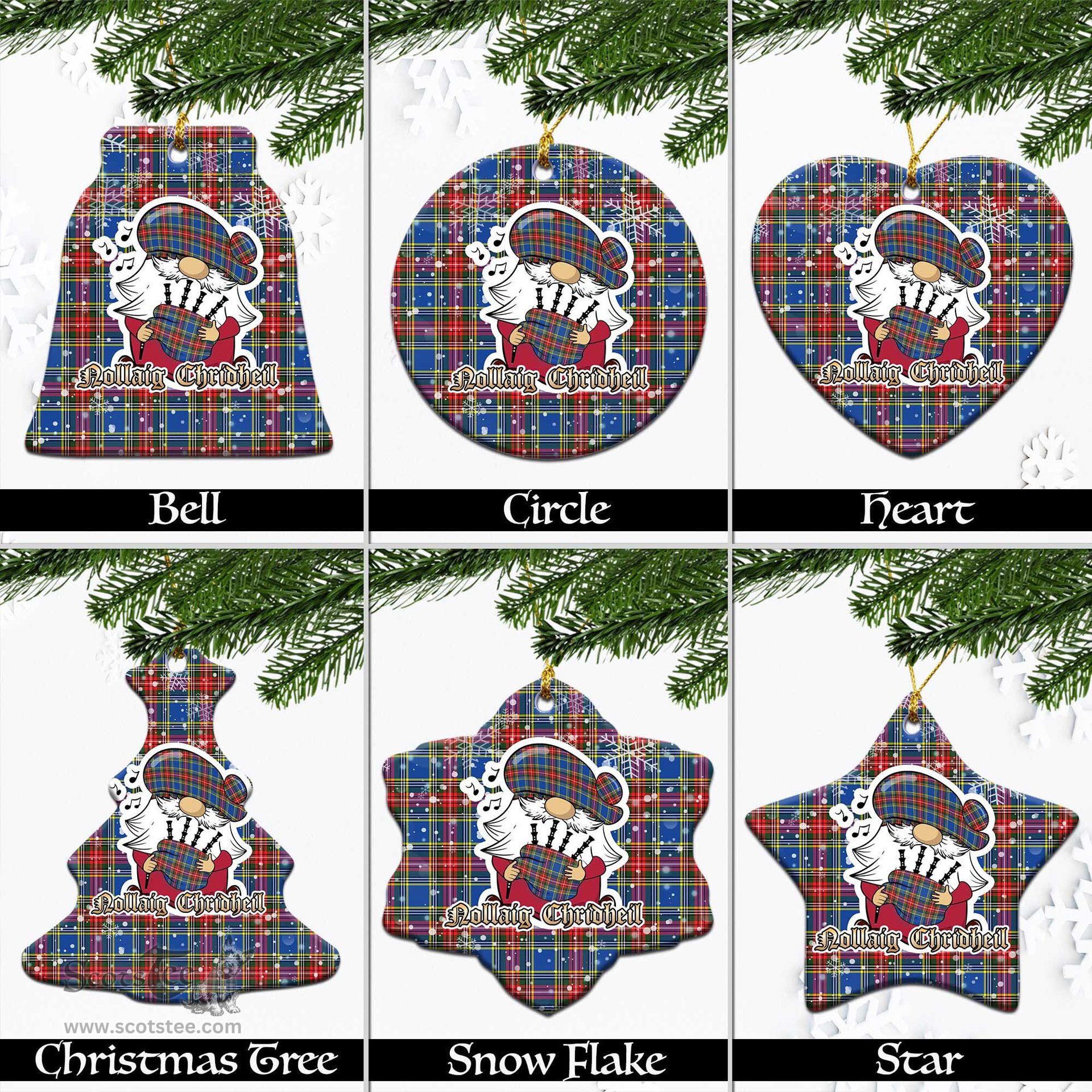 Scottish Bethune Tartan Christmas Ornaments with Scottish Gnome Playing Bagpipes Scottish Plaid Tartan Plaid - ScotsTee - scotstee.com