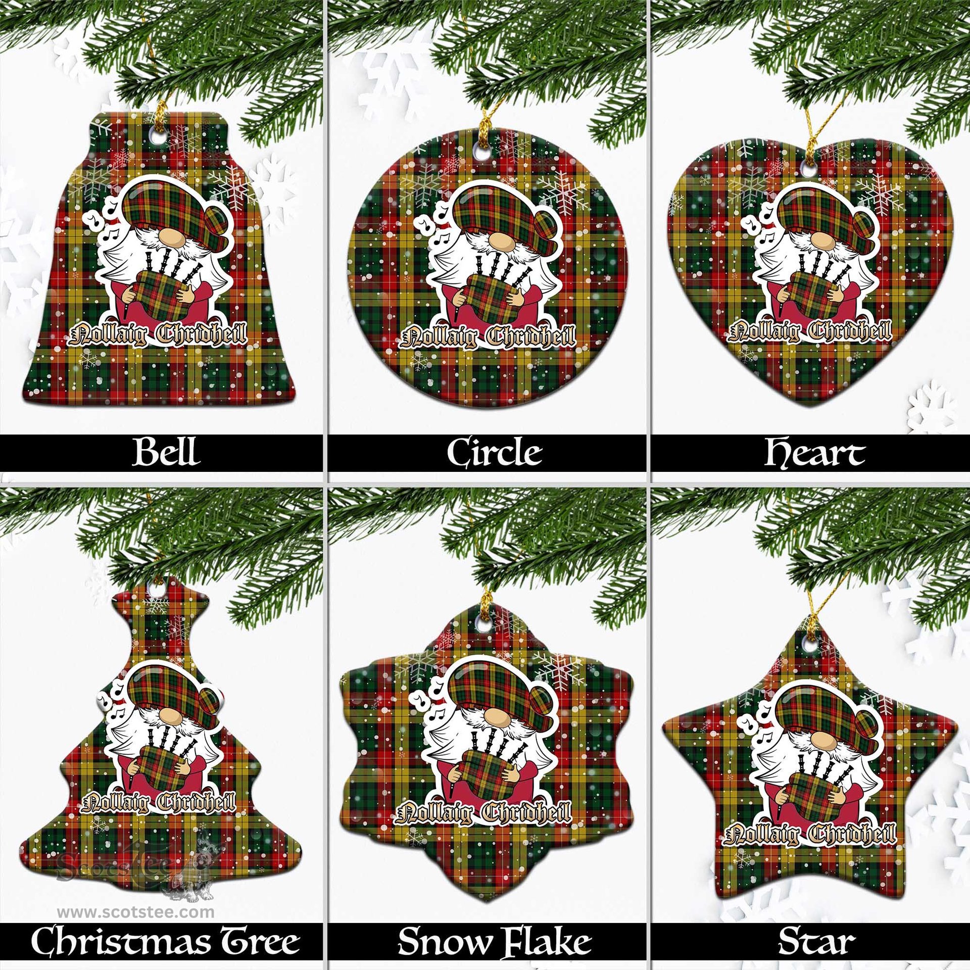 Scottish Buchanan Tartan Christmas Ornaments with Scottish Gnome Playing Bagpipes Scottish Plaid Tartan Plaid - ScotsTee - scotstee.com