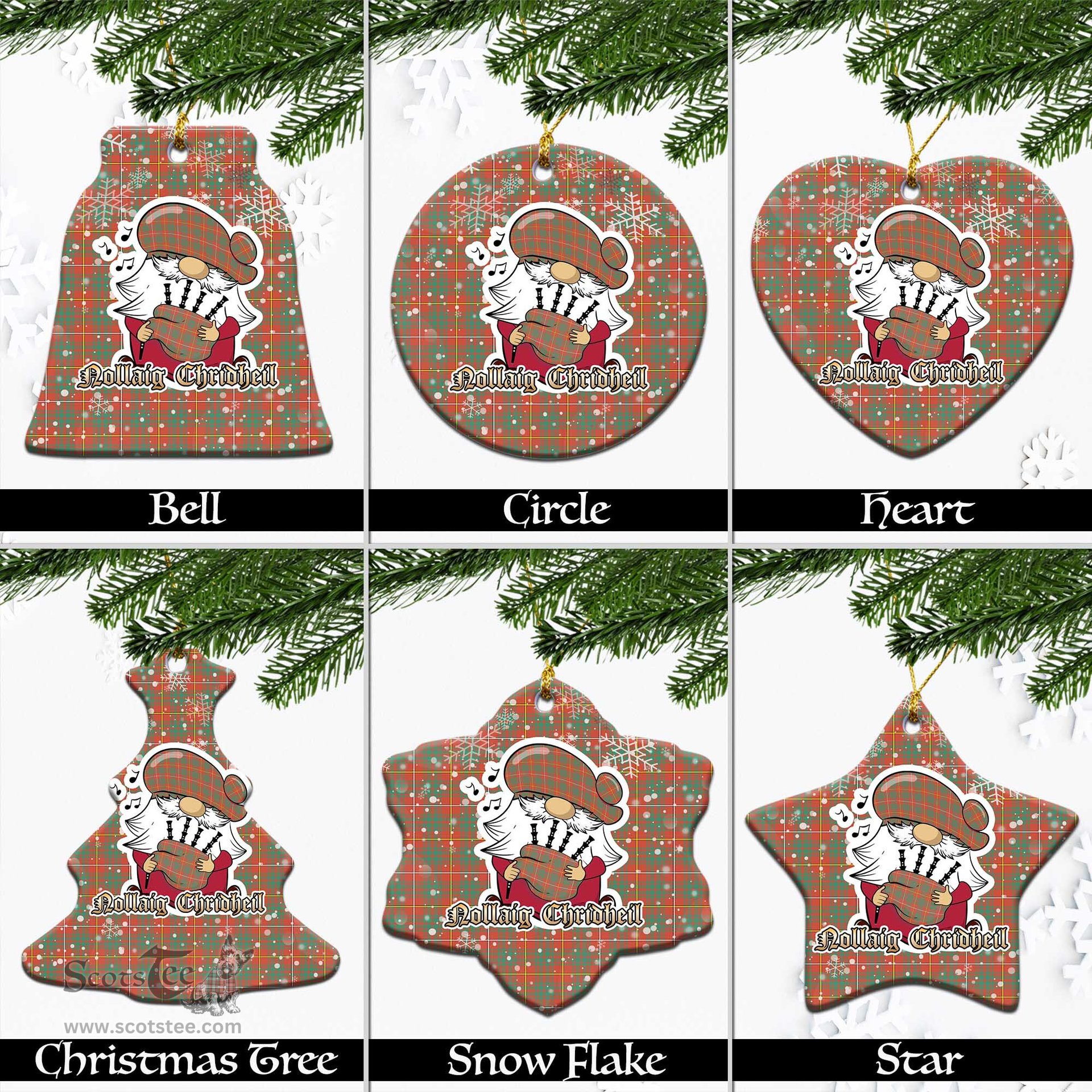 Scottish Bruce Ancient Tartan Christmas Ornaments with Scottish Gnome Playing Bagpipes Scottish Plaid Tartan Plaid - ScotsTee - scotstee.com