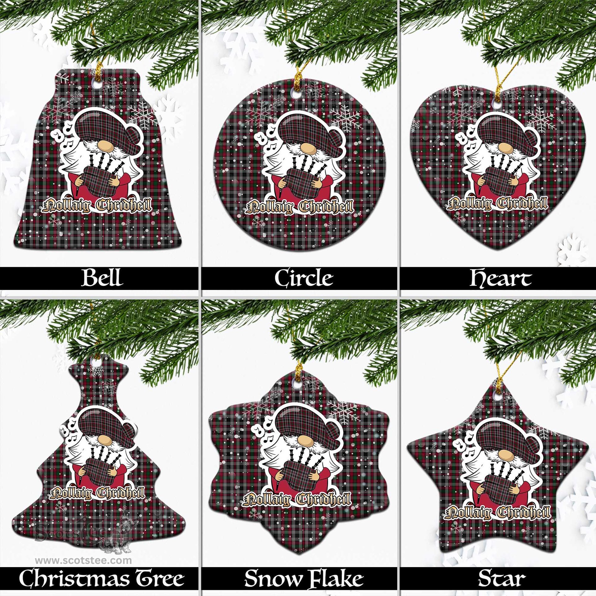 Scottish Borthwick Tartan Christmas Ornaments with Scottish Gnome Playing Bagpipes Scottish Plaid Tartan Plaid - ScotsTee - scotstee.com