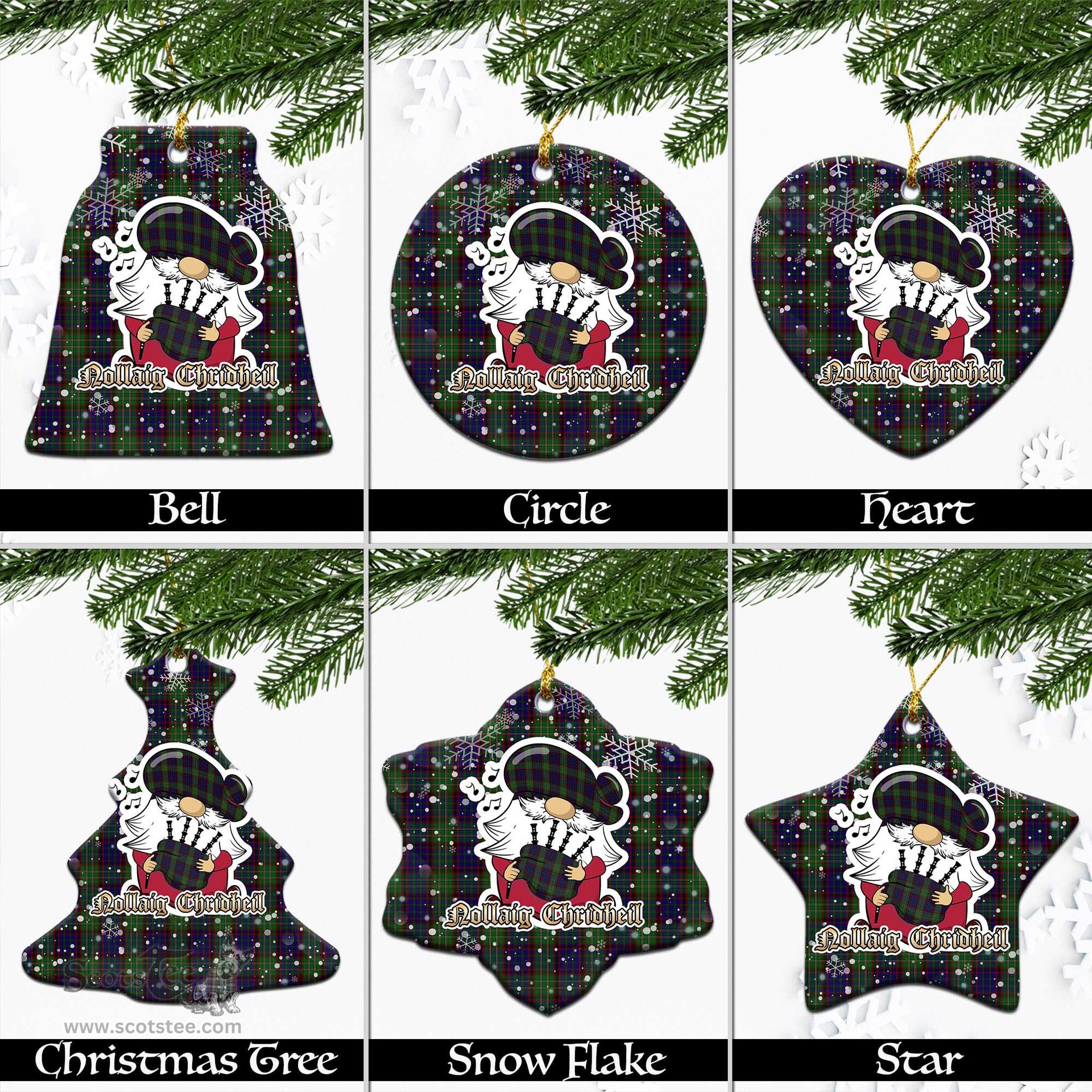 Scottish Cunningham Hunting Tartan Christmas Ornaments with Scottish Gnome Playing Bagpipes Scottish Plaid Tartan Plaid - ScotsTee - scotstee.com