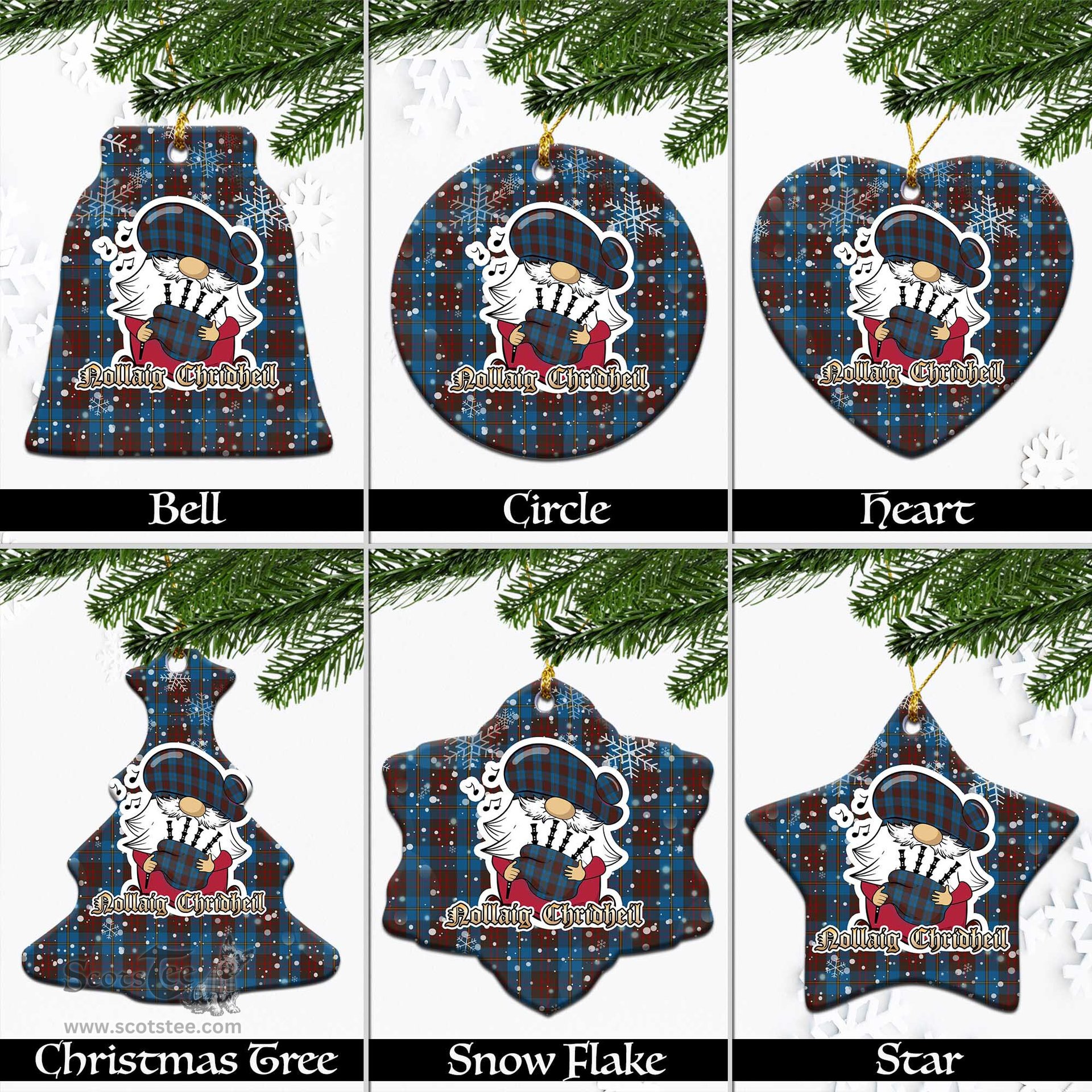 Scottish Cameron Hunting Tartan Christmas Ornaments with Scottish Gnome Playing Bagpipes Scottish Plaid Tartan Plaid - ScotsTee - scotstee.com