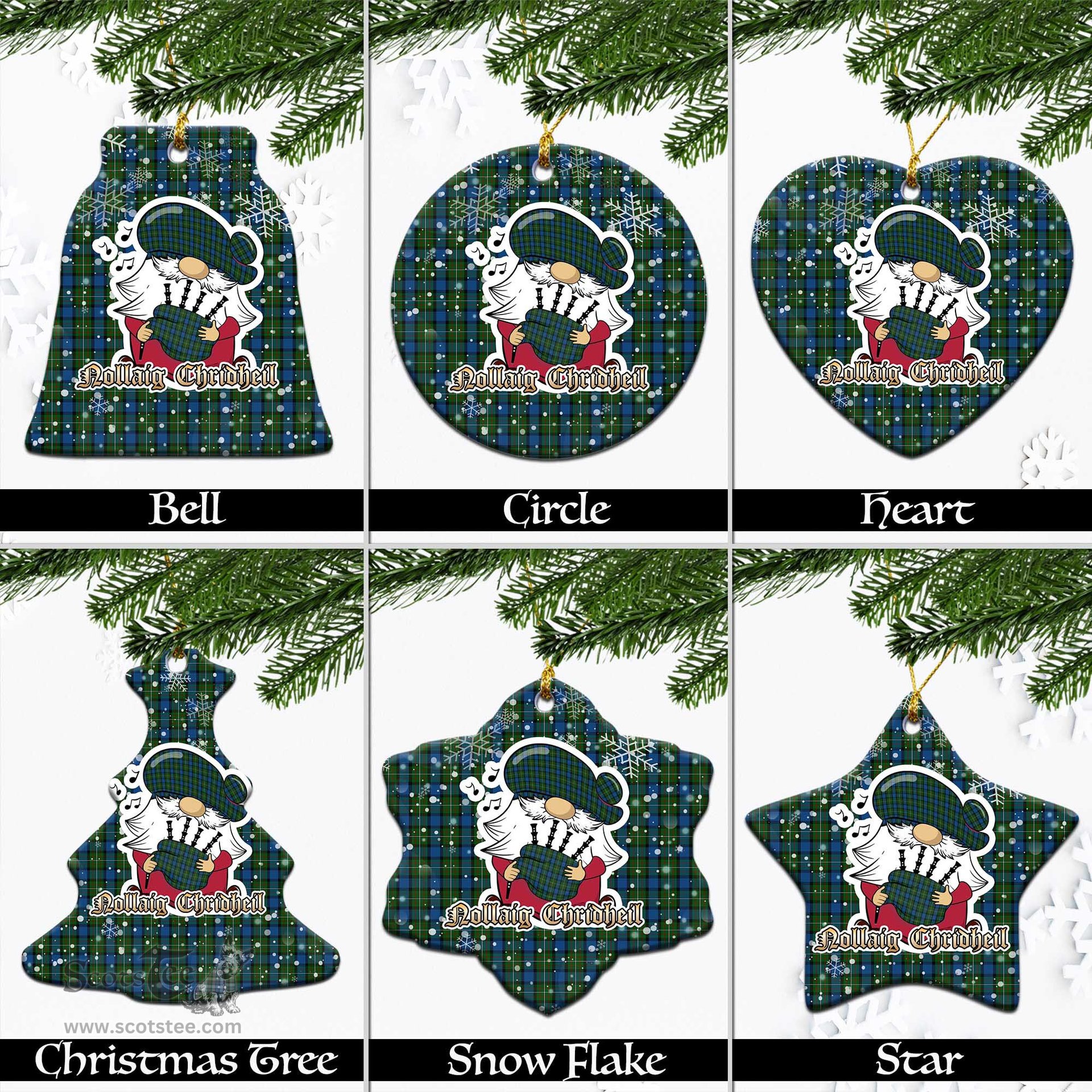 Scottish Ferguson of Atholl Tartan Christmas Ornaments with Scottish Gnome Playing Bagpipes Scottish Plaid Tartan Plaid - ScotsTee - scotstee.com
