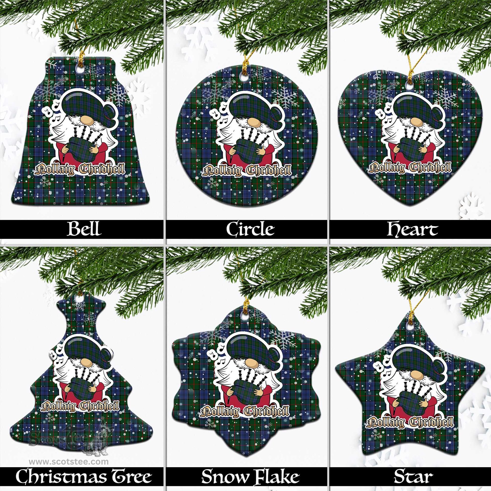 Scottish Colquhoun Tartan Christmas Ornaments with Scottish Gnome Playing Bagpipes Scottish Plaid Tartan Plaid - ScotsTee - scotstee.com