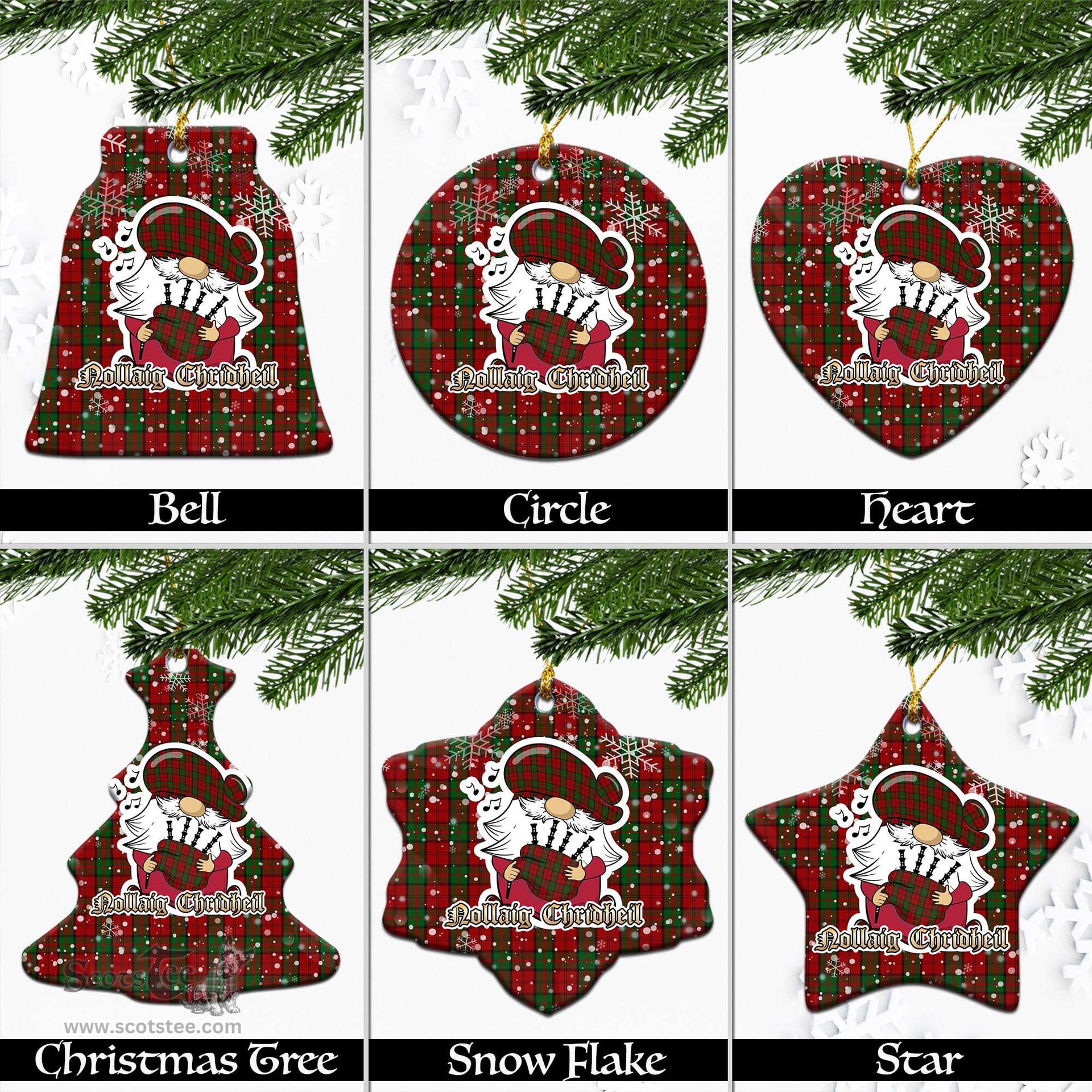 Scottish Dunbar Tartan Christmas Ornaments with Scottish Gnome Playing Bagpipes Scottish Plaid Tartan Plaid - ScotsTee - scotstee.com