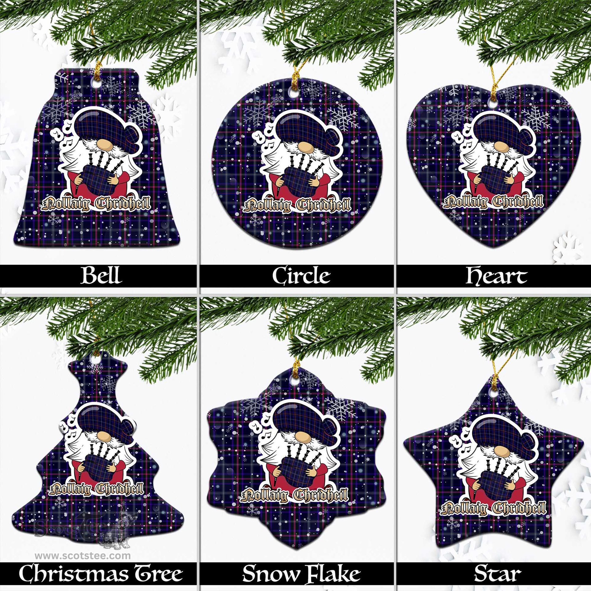Scottish Fitzgerald Hunting Tartan Christmas Ornaments with Scottish Gnome Playing Bagpipes Scottish Plaid Tartan Plaid - ScotsTee - scotstee.com