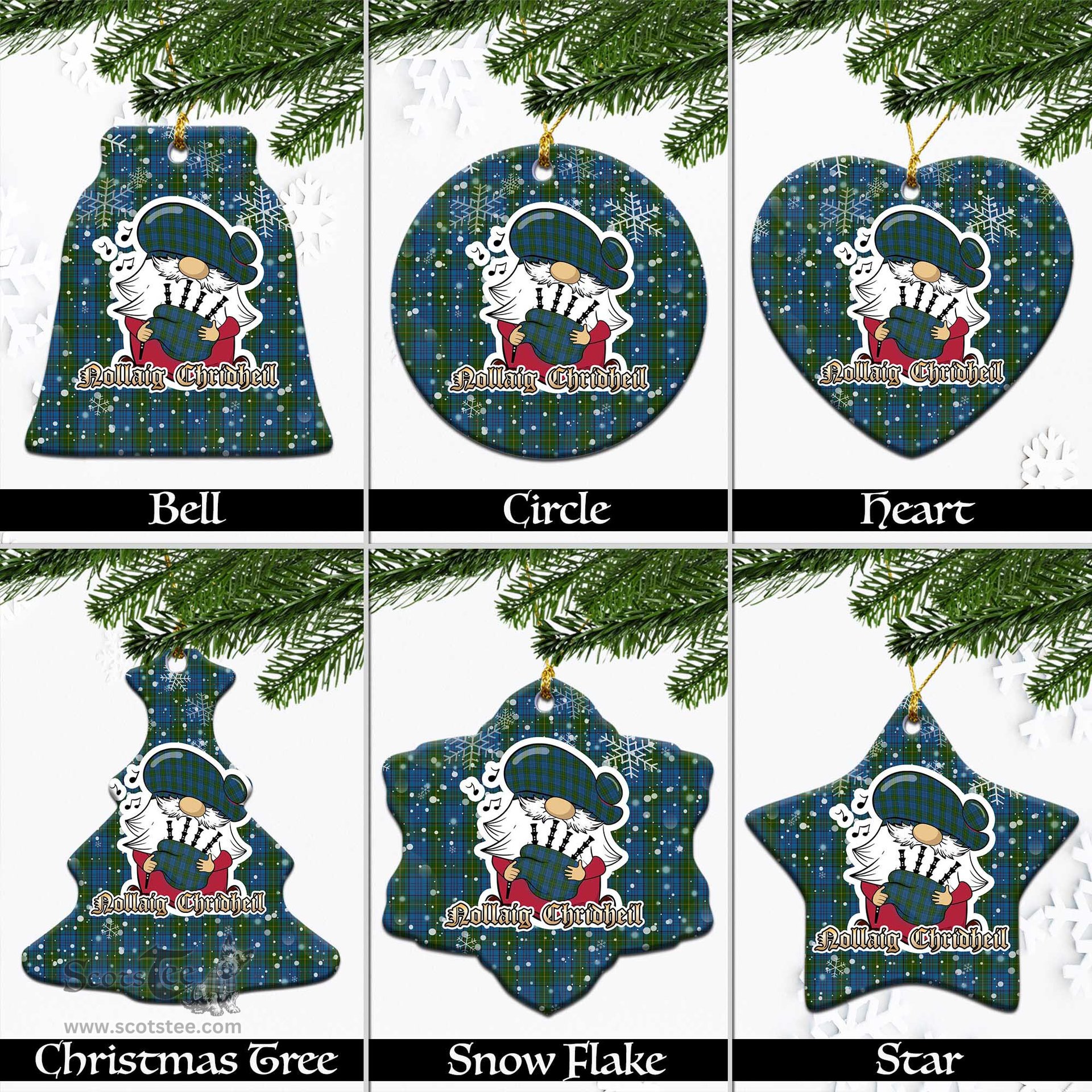 Scottish Donegal County Ireland Tartan Christmas Ornaments with Scottish Gnome Playing Bagpipes Scottish Plaid Tartan Plaid - ScotsTee - scotstee.com
