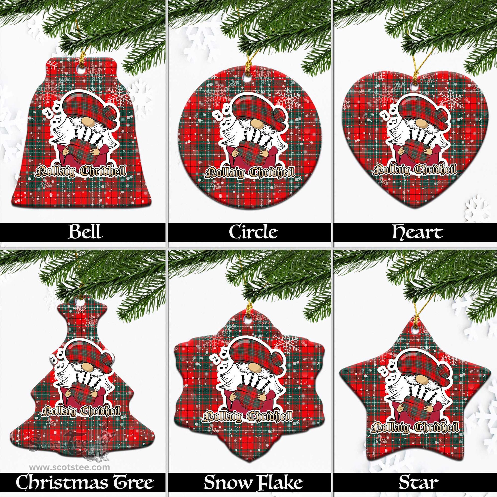 Scottish Cheyne Tartan Christmas Ornaments with Scottish Gnome Playing Bagpipes Scottish Plaid Tartan Plaid - ScotsTee - scotstee.com