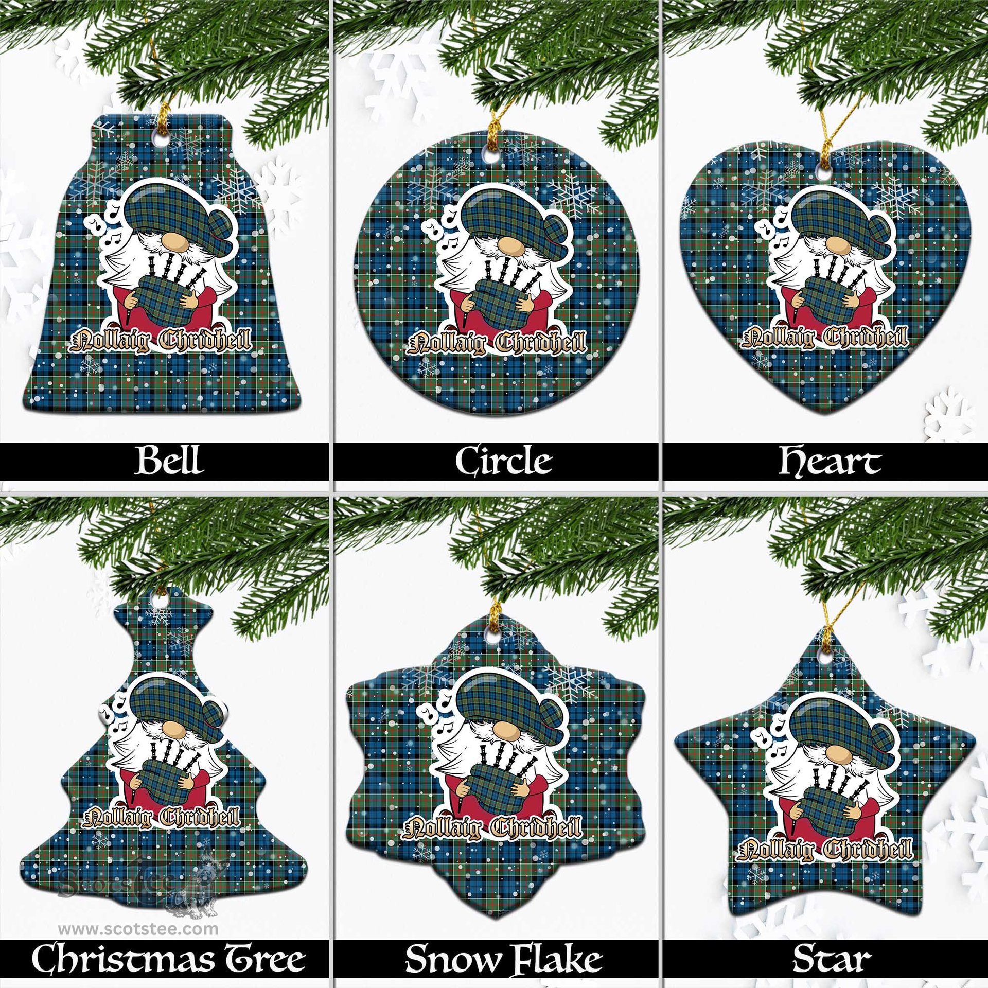 Scottish Colquhoun Ancient Tartan Christmas Ornaments with Scottish Gnome Playing Bagpipes Scottish Plaid Tartan Plaid - ScotsTee - scotstee.com