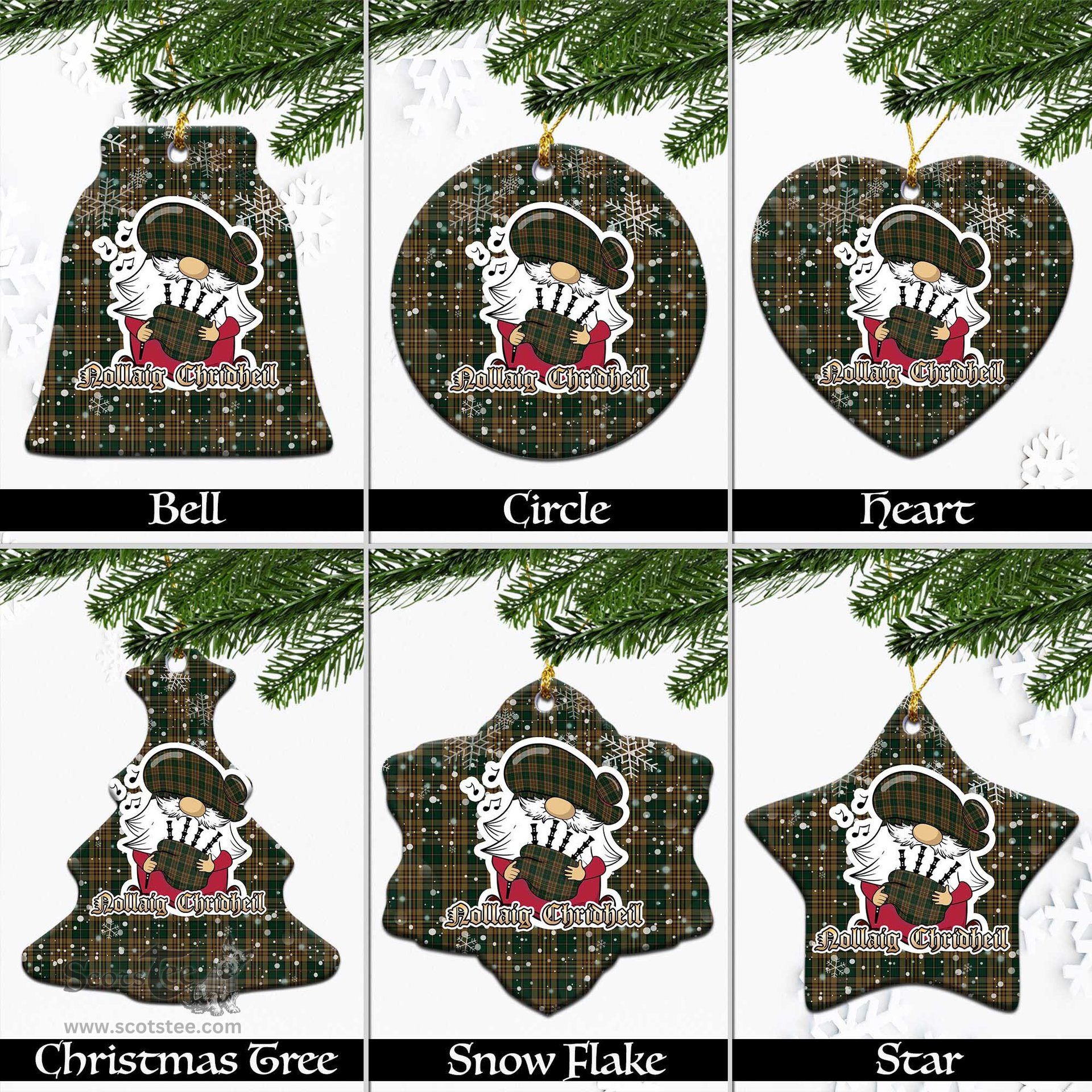 Scottish Fitzsimmons Tartan Christmas Ornaments with Scottish Gnome Playing Bagpipes Scottish Plaid Tartan Plaid - ScotsTee - scotstee.com