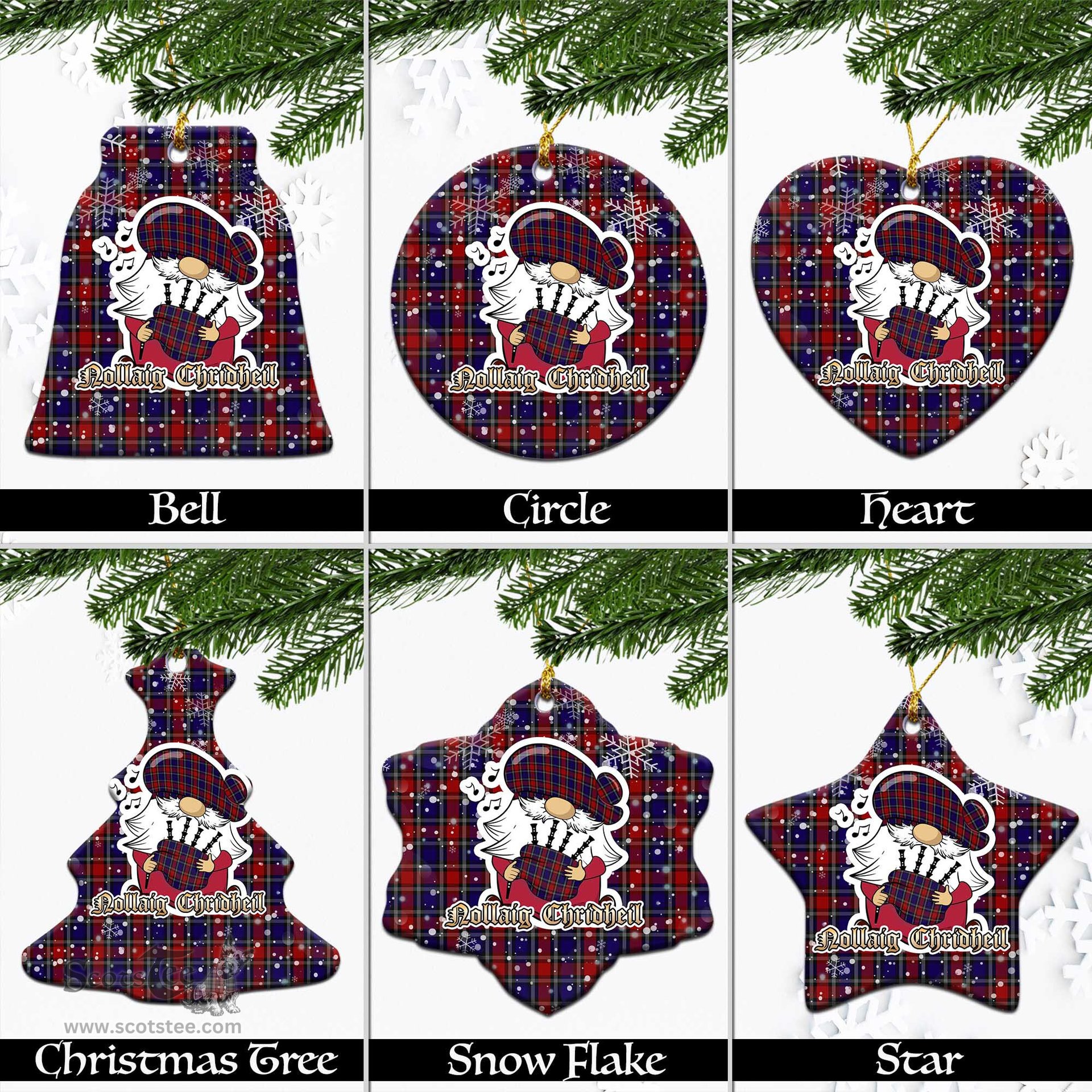 Scottish Clark Red Tartan Christmas Ornaments with Scottish Gnome Playing Bagpipes Scottish Plaid Tartan Plaid - ScotsTee - scotstee.com