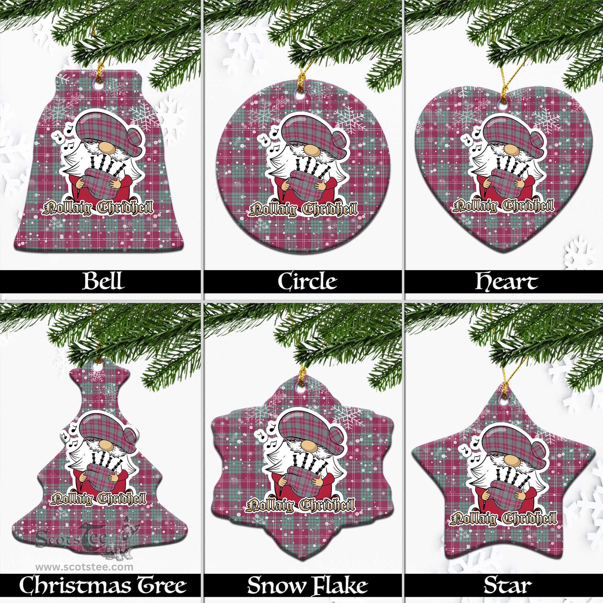 Scottish Crawford Ancient Tartan Christmas Ornaments with Scottish Gnome Playing Bagpipes Scottish Plaid Tartan Plaid - ScotsTee - scotstee.com