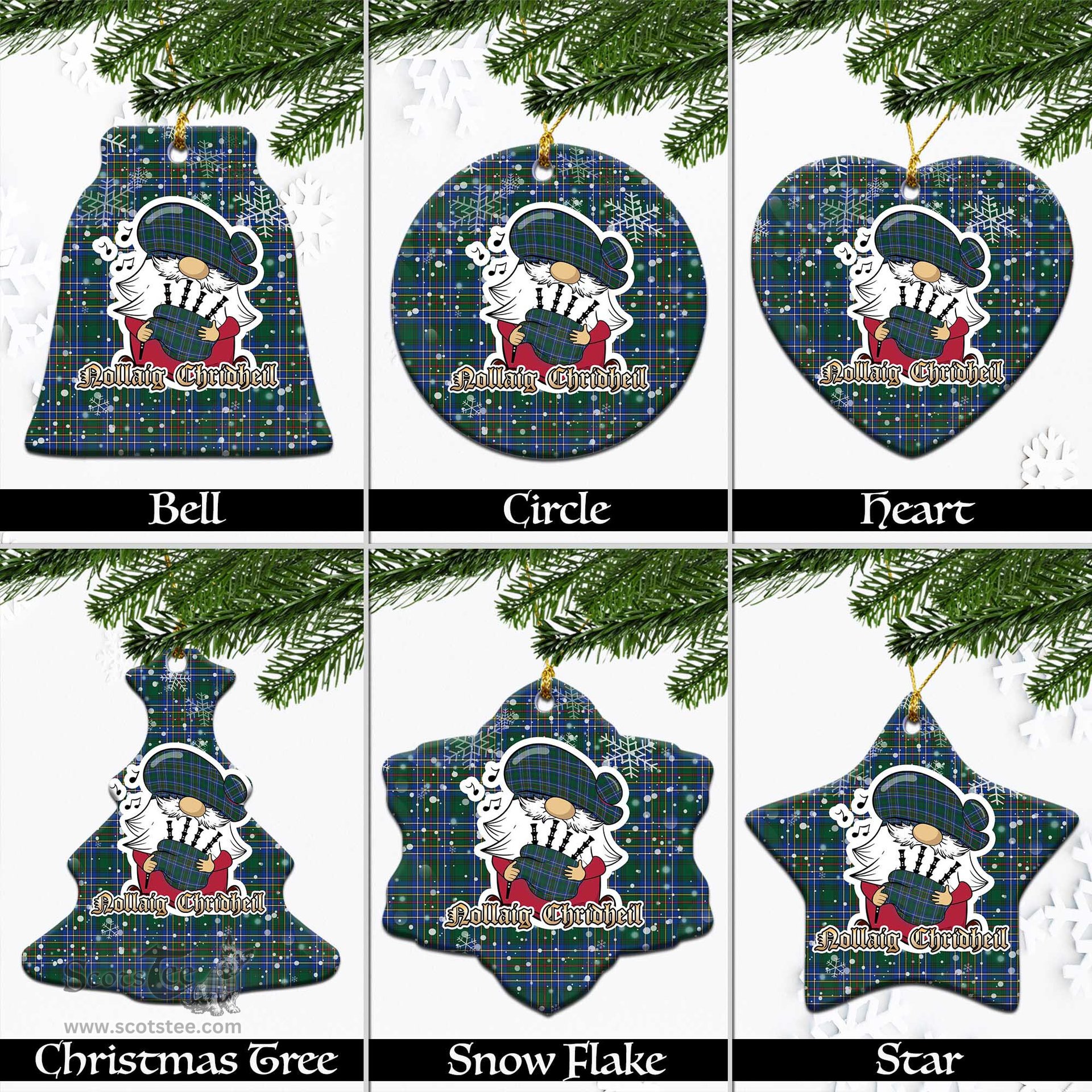 Scottish Cockburn Ancient Tartan Christmas Ornaments with Scottish Gnome Playing Bagpipes Scottish Plaid Tartan Plaid - ScotsTee - scotstee.com