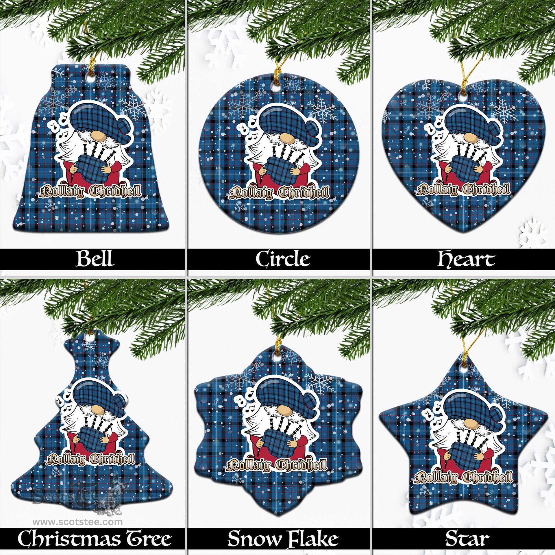 Scottish Fitzgerald Family Tartan Christmas Ornaments with Scottish Gnome Playing Bagpipes Scottish Plaid Tartan Plaid - ScotsTee - scotstee.com