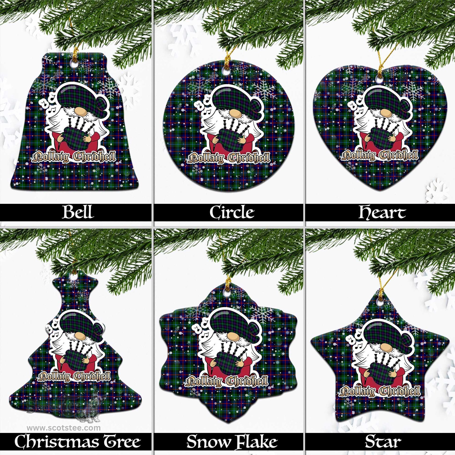 Scottish Campbell of Cawdor Modern Tartan Christmas Ornaments with Scottish Gnome Playing Bagpipes Scottish Plaid Tartan Plaid - ScotsTee - scotstee.com